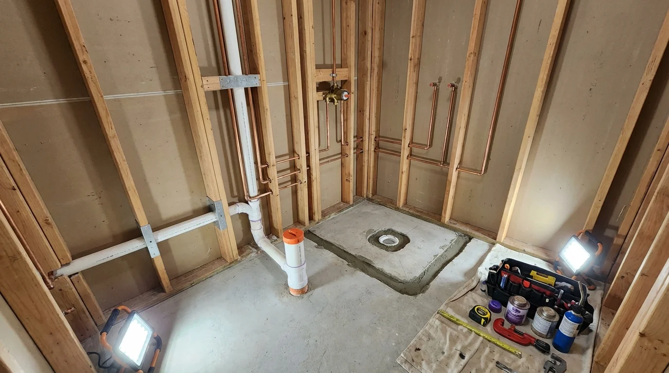 Bathroom rough-in plumbing during remodel by Johns Plumbing LLC in Stuarts Draft